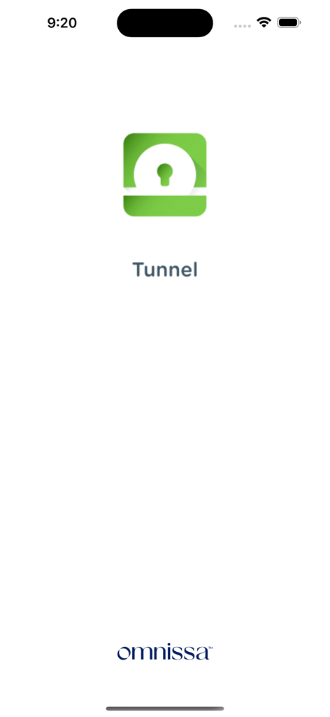 Tunnel app splash screen featuring a green keyhole icon and the Omnissa logo