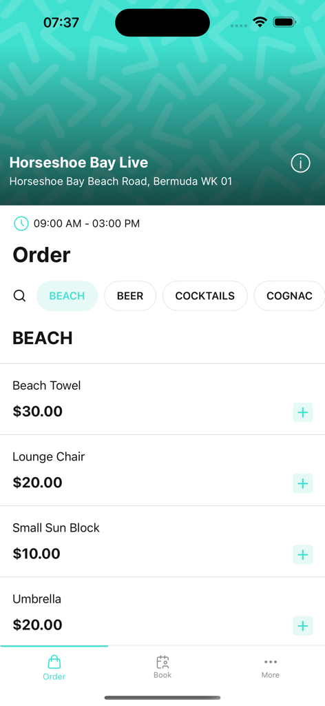 Horseshoe Bay Live - Horseshoe Bay Live app screen showing a list of beach rental items like towels and lounge chairs with prices