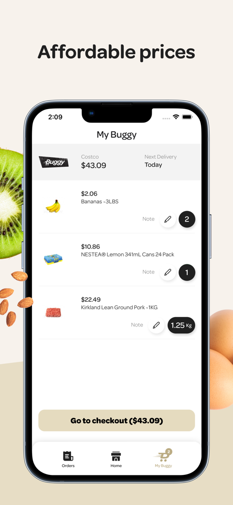 Buggy - A smartphone showing the Buggy app shopping cart with items like bananas and tea from Costco and a checkout button.