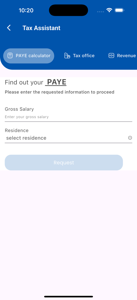 AskUra - The PAYE tax calculator screen in the AskUra app showing input fields for gross salary and residence.