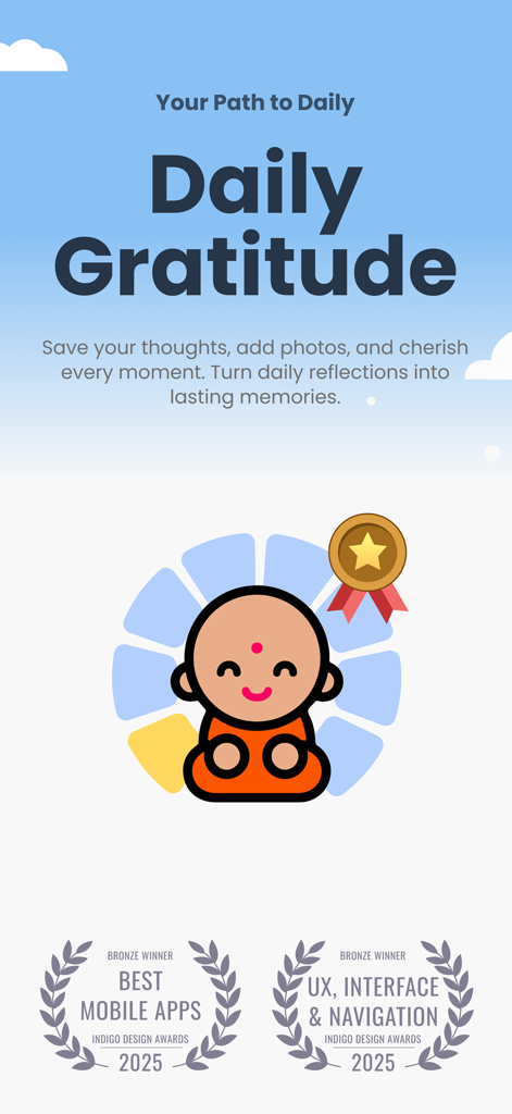 Gratitude by GratefulDay - Introductory screen for the Gratitude app featuring a smiling monk character and 2025 Indigo Design Award badges.