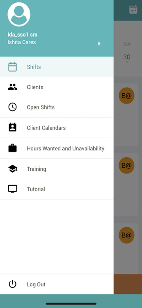 Navigation menu of the WellSky Personal Care mobile app showing options for shifts clients calendars and training
