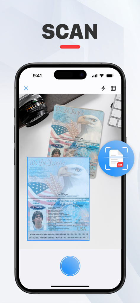 PDF Converter Image to PDF - Interface de um aplicativo móvel mostrando um scanner de documentos capturando um passaporte dos EUA para convertê-lo em um arquivo PDF