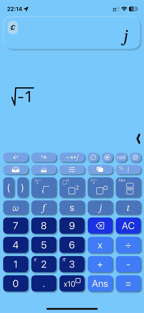 Interface of the Bode Plot Calculator app showing an automatic complex number calculation for the square root of minus one