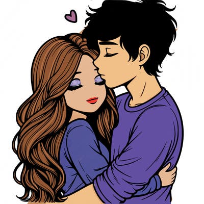 a realistic couple boy and girl hugging and kissing