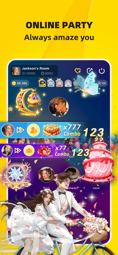 Ahlan TopOne-Group Voice Chat - Interfaz de la aplicación Ahlan TopOne que muestra una sala de fiesta virtual con avatares de chat de voz y regalos animados como un pastel y una mariposa