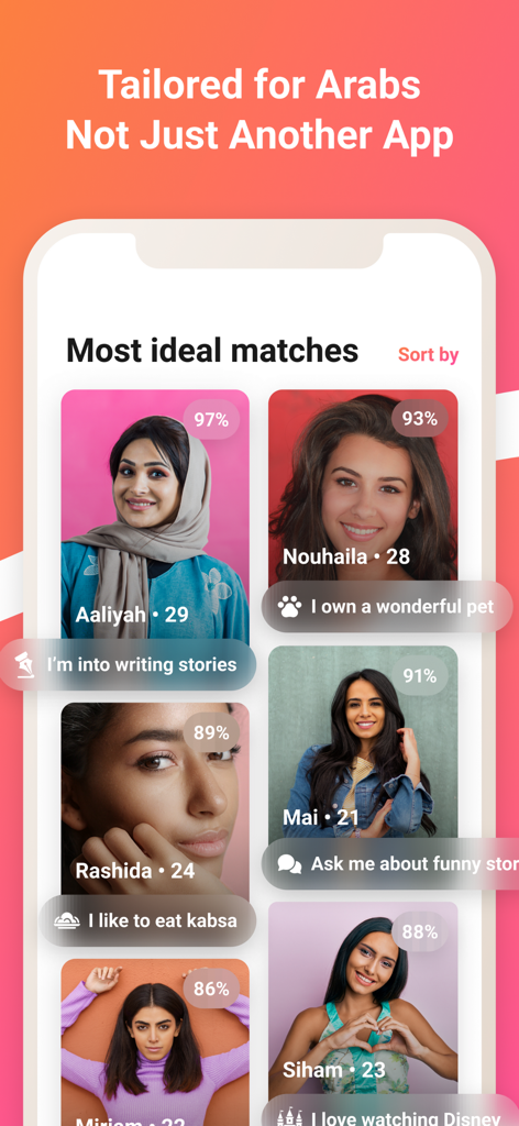 Ein Screenshot der Soudfa-App, der Profile potenzieller Partner für arabische und muslimische Singles zeigt