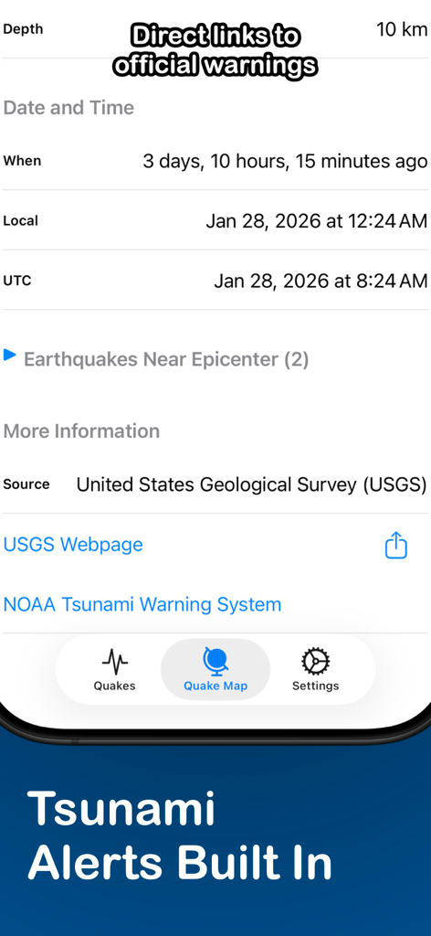 QuakeInfo: Seismic Monitoring - Interfaccia dell'app QuakeInfo che mostra dati dettagliati sui terremoti e avvisi di tsunami integrati.
