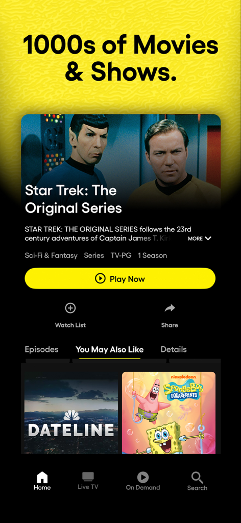 Pluto TVモバイルアプリの画面。スター・トレック：オリジナル・シリーズとDatelineが表示されています。