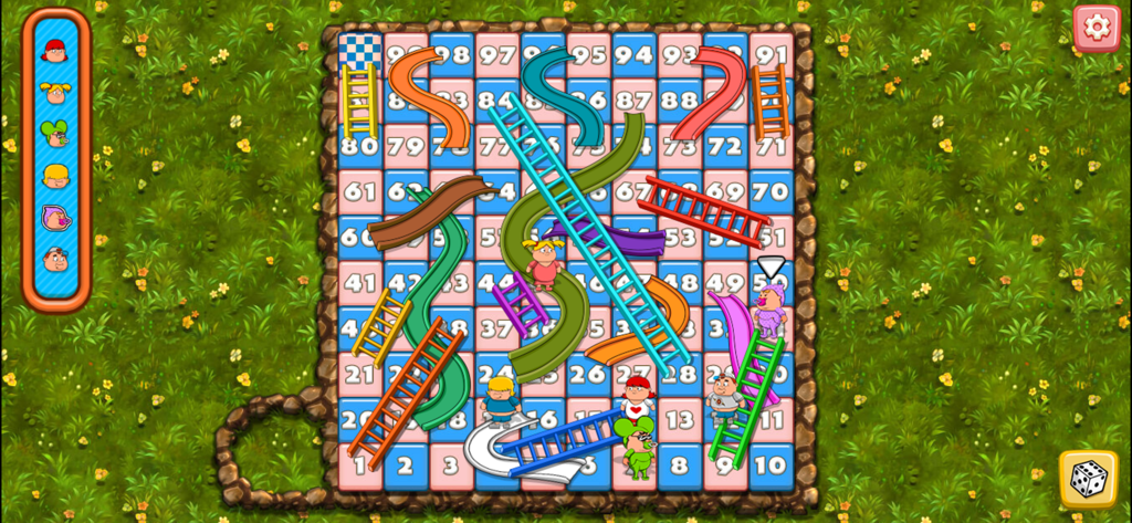 Una colorida pantalla de juego de mesa digital con toboganes, escaleras y personajes de bebés