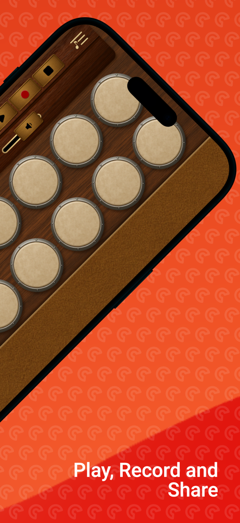 Darbuka - Darbuka app interface showing multiple drum pads on a wooden surface with play and record controls.