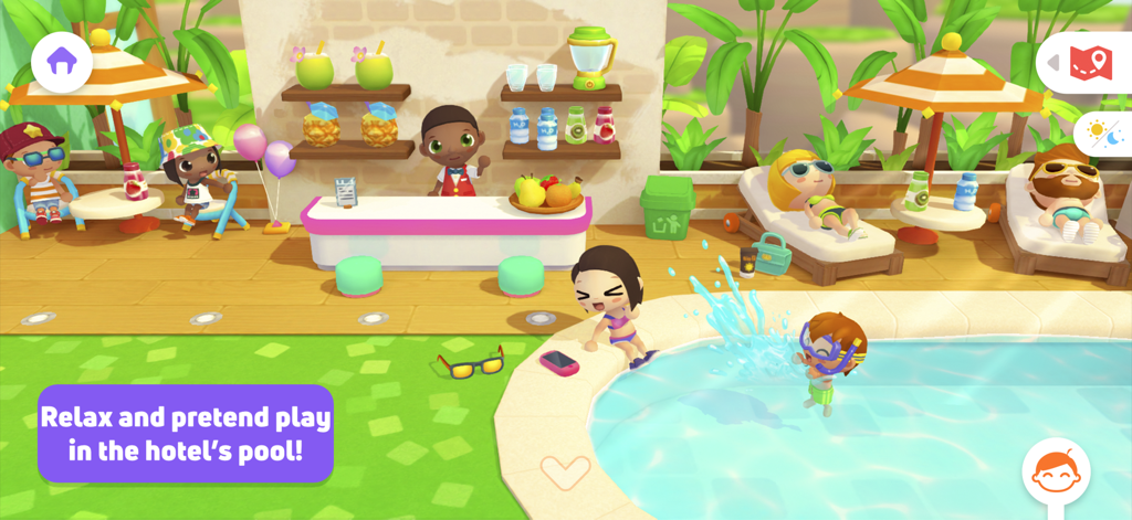 Personajes relajándose y jugando en la zona de piscina de un hotel de lujo con un bar de zumos.