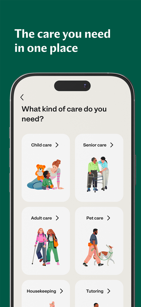 Care.com: Hire Caregivers - Care.comモバイルアプリの画面。育児、高齢者ケア、成人ケア、ペットケア、家事、家庭教師のオプションが表示されています。