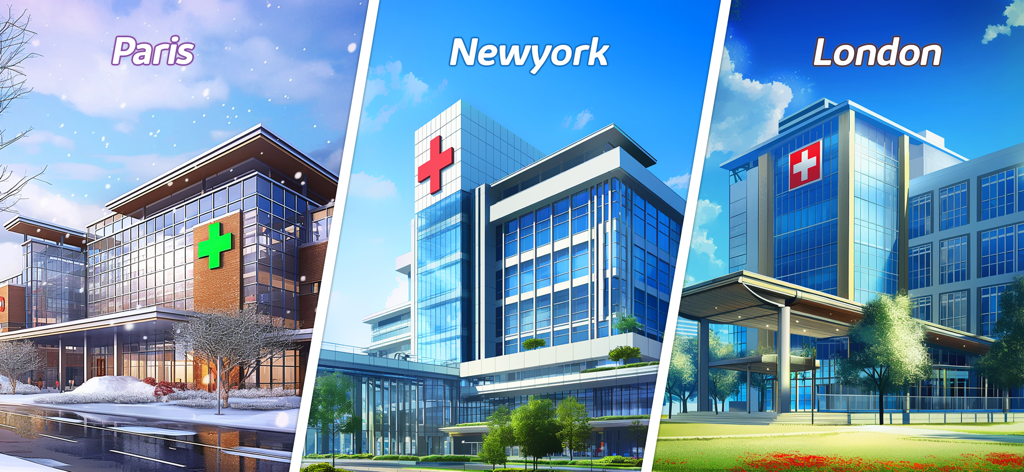 Diseños de edificios hospitalarios para París, Nueva York y Londres en el juego Doctor Clinic.
