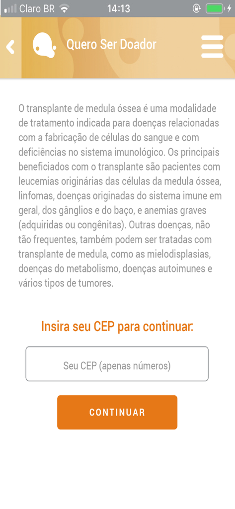 Bone marrow donor registration screen in the REDOME app showing info text and a ZIP code input field.