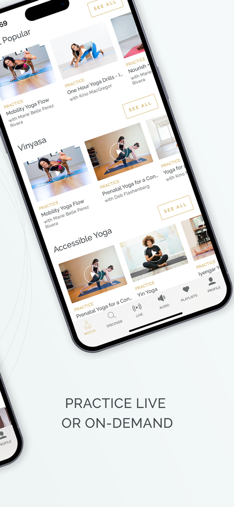 Pantalla de la aplicación Omstars que muestra varias clases de yoga y meditación disponibles bajo demanda