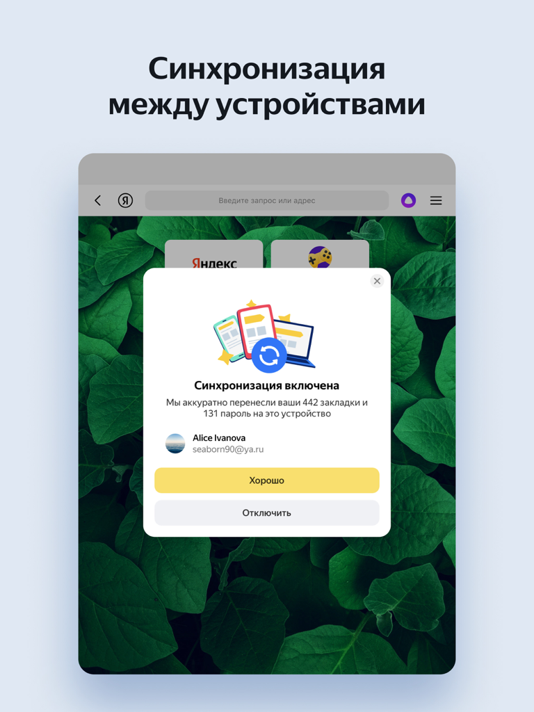 Yandex Browser per iPad che mostra la sincronizzazione multipiattaforma di segnalibri e password