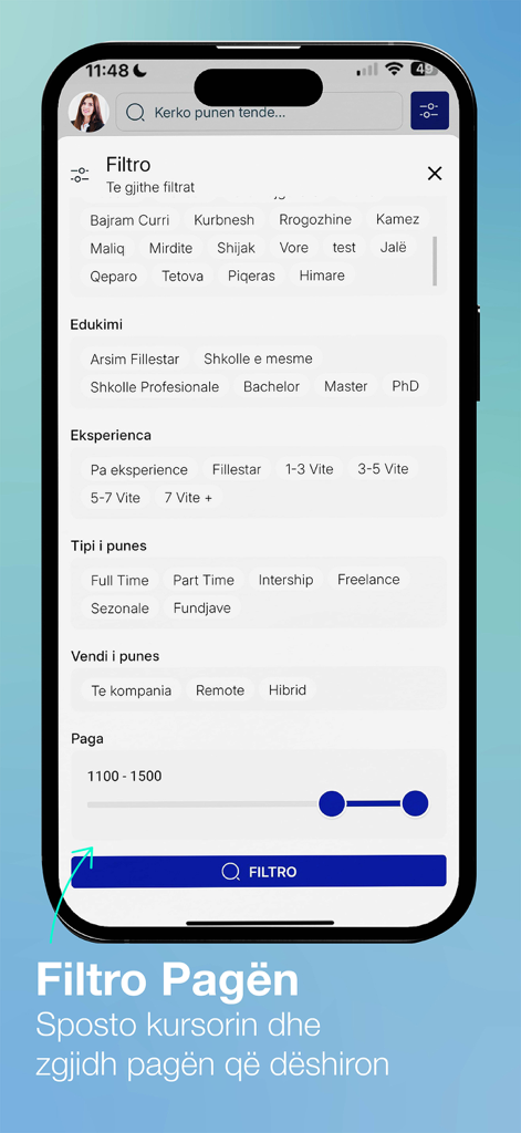 Interfaz de la aplicación móvil Staff.al que muestra filtros de búsqueda de empleo por ubicación, educación y un control deslizante de rango salarial.