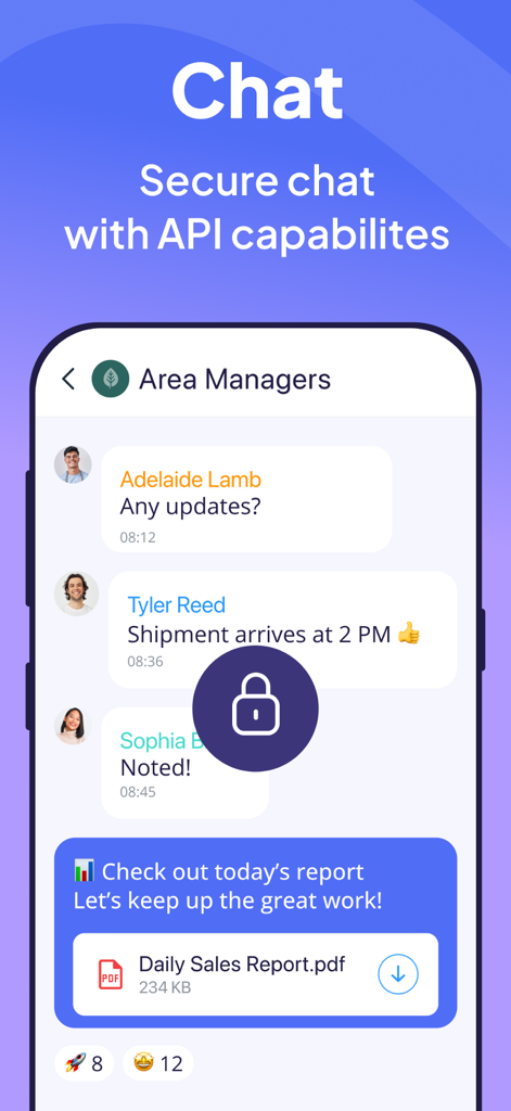Connecteam Team Management App - Secure team chat interface within the Connecteam app showing a group conversation between area managers
