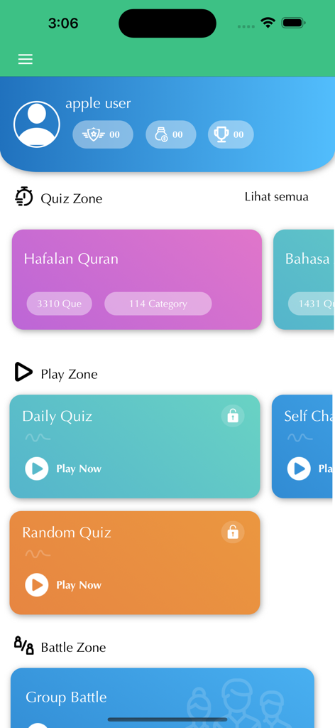 HijrahApp - Dakwah Sunnah - Interface of the HijrahApp showing Islamic quiz categories including Quran memorization and daily challenges.