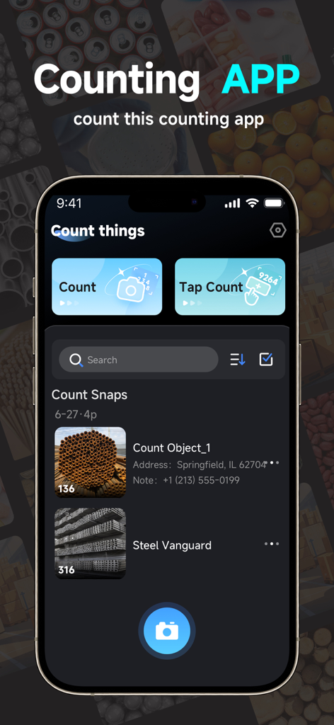 GO Count Object app home screen showing photo count options and a history of counted industrial items