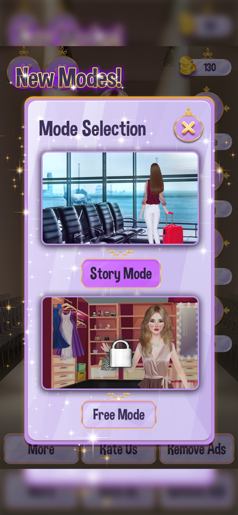 Fashion Makeup Makeover Games - Pantalla de selección de modo que presenta modo historia y modo libre en un juego de transformación de moda.