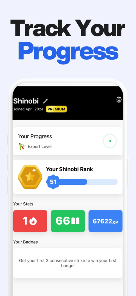 Shinobi: Read & Learn Japanese - 日本語学習の進捗状況、ランク、XP、連続記録を示すShinobiアプリのユーザープロファイルダッシュボード。