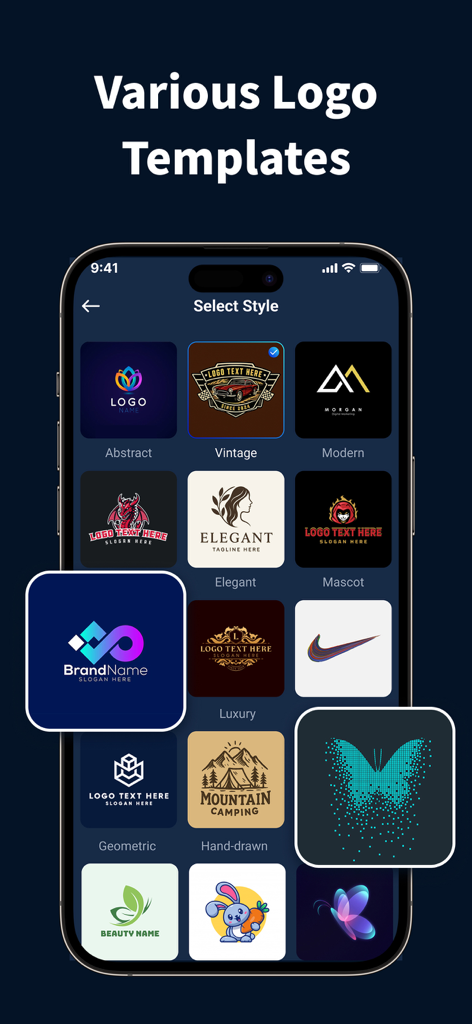 AI Logo Maker®Brand Design - Un teléfono inteligente que muestra una variedad de plantillas de logotipos en diferentes estilos como vintage, moderno y elegante dentro de la aplicación AI Logo Maker.