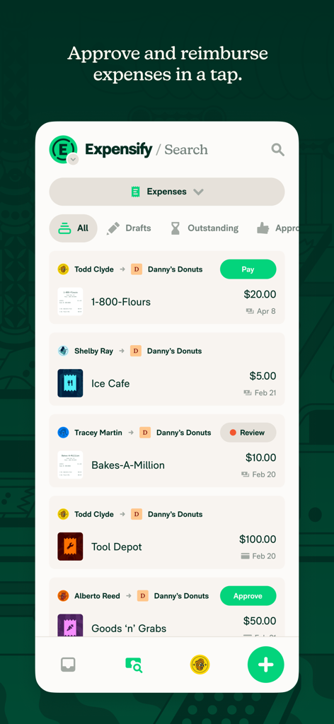 Expensify - Travel & Expense - Expensify mobile app interface showing a list of business expenses with buttons to approve and pay reimbursements