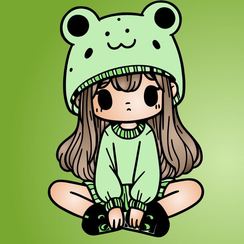 a girl wearing a frog hat and some frog socks