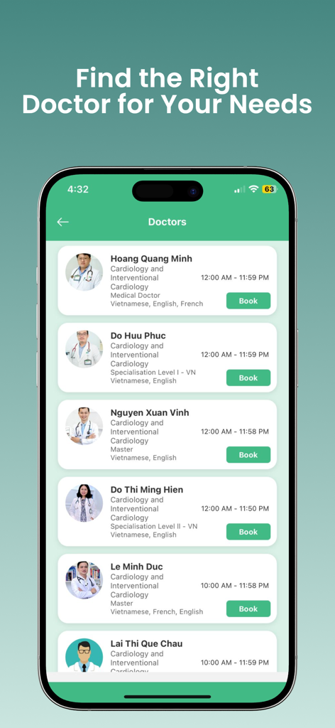FV@Home - A mobile app screen showing a list of doctors with their specialties languages and booking buttons