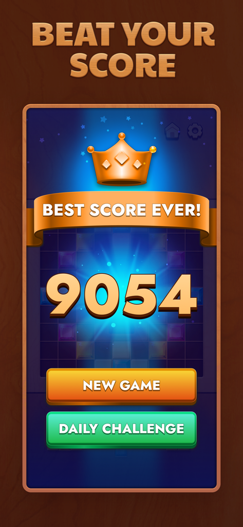 Woodoku - Wood Block Puzzles - Schermata di gioco Woodoku che mostra un punteggio migliore di 9054 con una corona d'oro e un pulsante per la sfida giornaliera