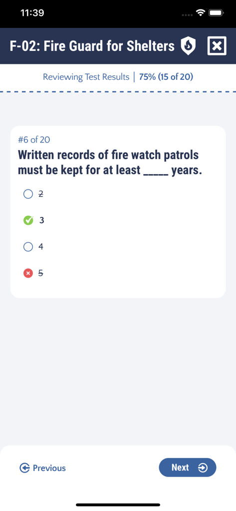 Screenshot of the F-02 Fire Guard for Shelters app showing a practice test question review with correct and incorrect answers highlighted.