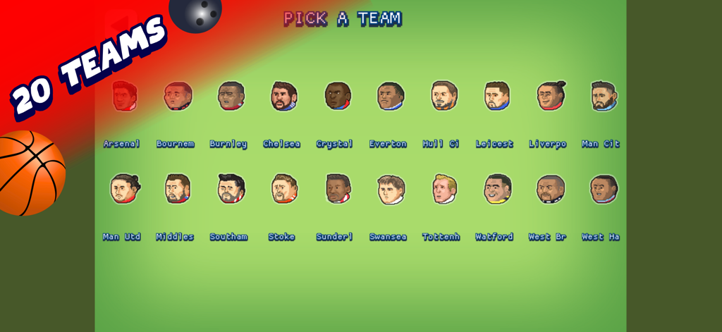 Soccer Heads Football Game - Team selection screen in Soccer Heads Football Game featuring twenty different team choices