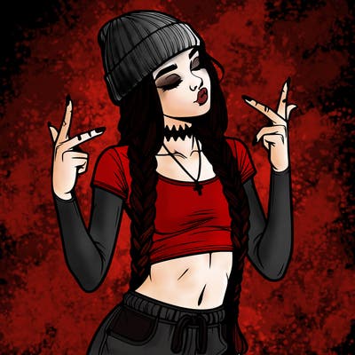 realistic teenage girl with braids and a beanie and crop top doing 🫶🏼