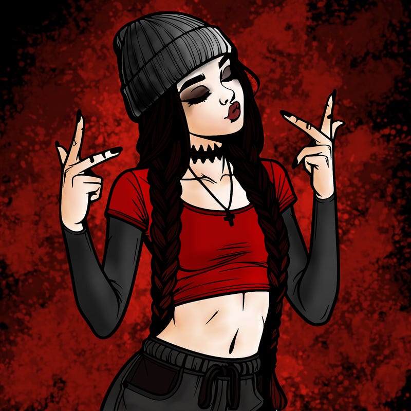 realistic teenage girl with braids and a beanie and crop top doing 🫶🏼