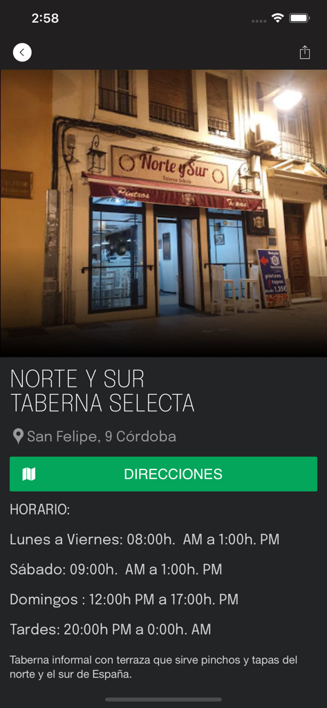 Córdoba de Noche - Business detail page for Norte y Sur Taberna Selecta showing address and opening hours