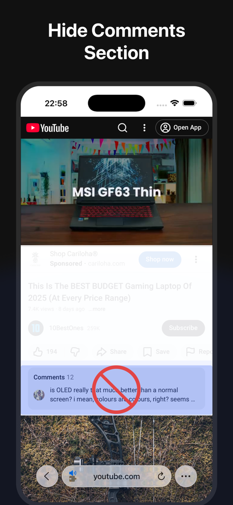 Clean YT for Safari - Interface showing how to hide the YouTube comments section using the Clean YT for Safari extension on an iPhone.