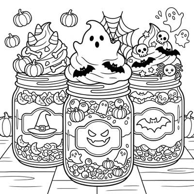 Dive into the festive spirit with this delightful Halloween-themed yogurt parfaits coloring page. Featuring adorable ghosts, bats, and pumpkins, it's a sweet and spooky treat perfect for a creative activity.