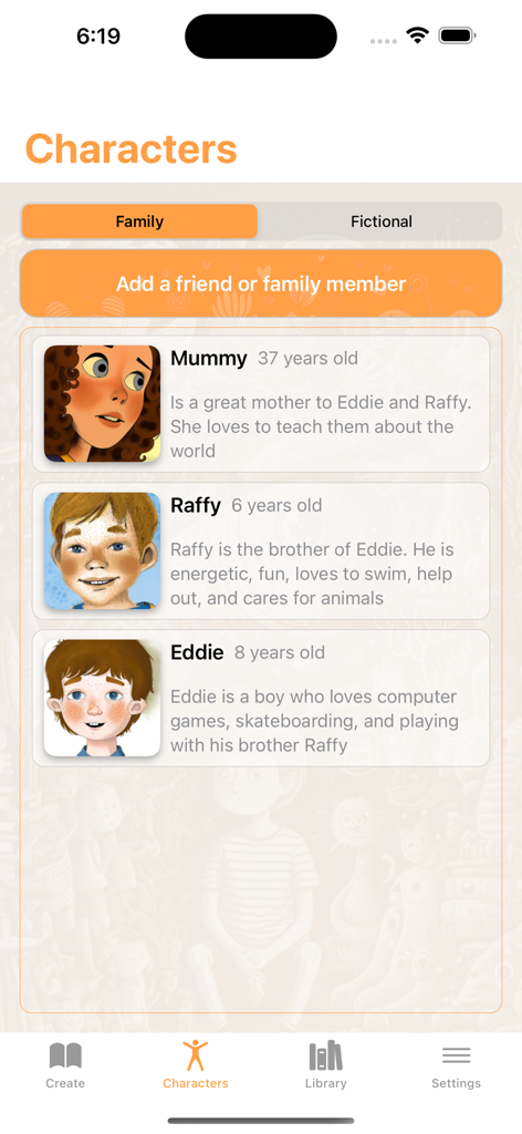 AI Stories For Kids アプリのインターフェイス。カスタムおやすみ物語のためのパーソナル家族キャラクターが表示されます。