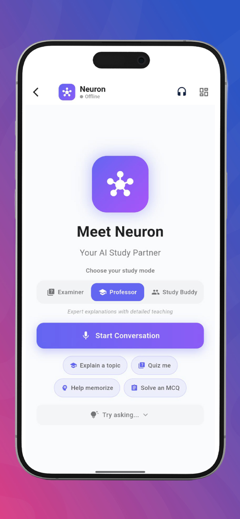 Medico: NEET-PG & INI-CET Prep - Interface of the Medico app showing the Neuron AI study partner with Professor mode and quick study options.