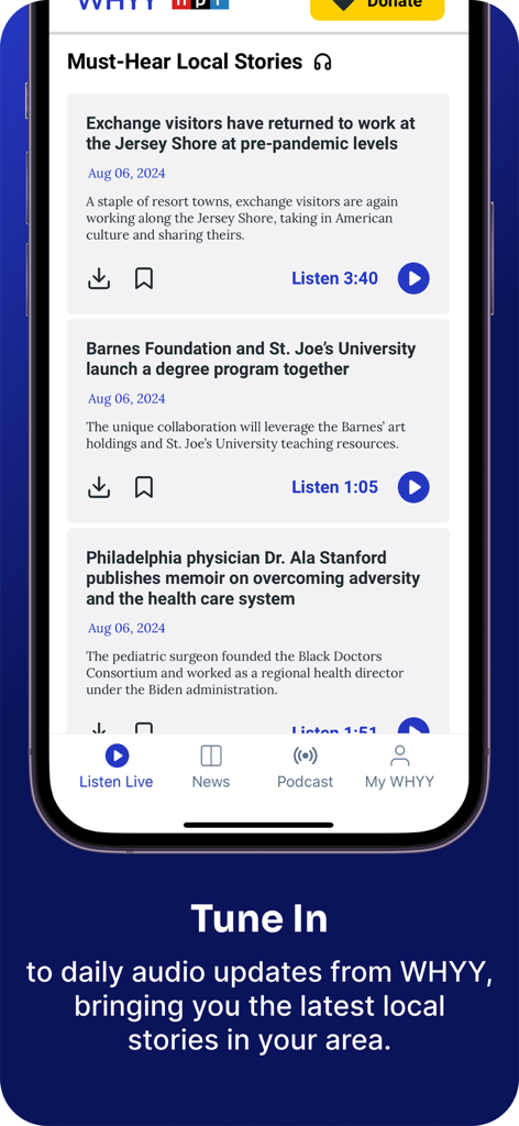 The WHYY Listen app interface showing a list of must-hear local news stories and podcasts for the Philadelphia area.