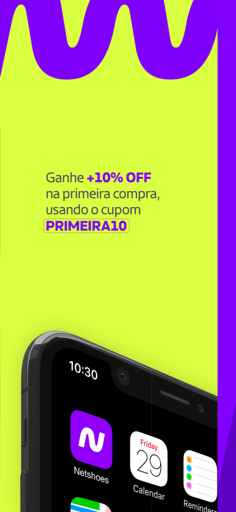 Netshoes: loja de esportes! - Netshoesアプリのプロモーション画面。クーポンコードPRIMEIRA10を使用して初回購入が10%割引になる