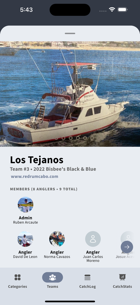 CatchStat - CatchStat app screenshot showing the Los Tejanos team profile with boat photo and member list for the Bisbee's Black and Blue tournament.