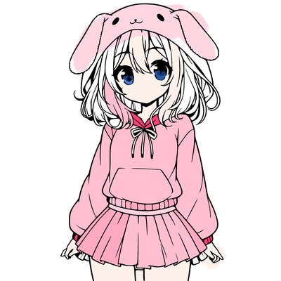 pretty anime girl wearing a fluffy hoodie with bunny ears on the hood and a skirt