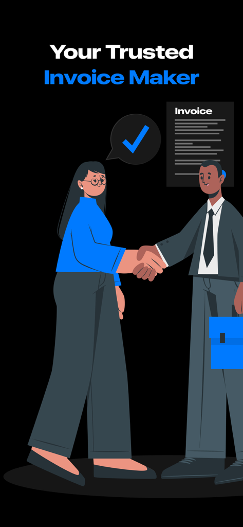 디지털 송장과 파란색 체크 표시가 있는 두 명의 전문가가 악수하는 일러스트레이션