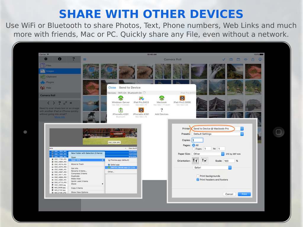 FileCentral app on iPad showing file sharing options across devices via WiFi and Bluetooth