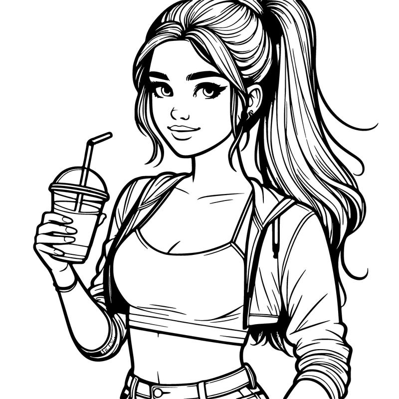 realistic teenage girl witg a ponytail wearing a crop top and some jeans holding a drink