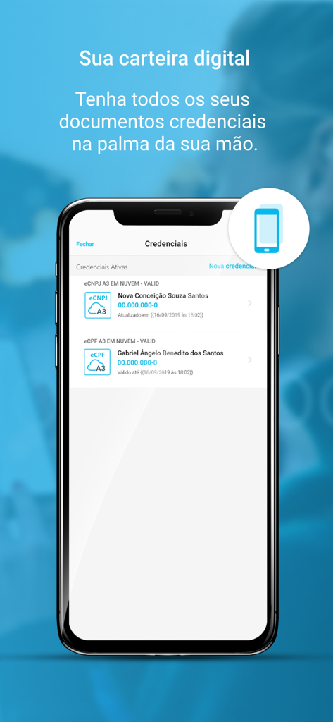 Uno smartphone che mostra l'interfaccia del portafoglio digitale dell'app VIDaaS con varie credenziali e certificati basati su cloud.