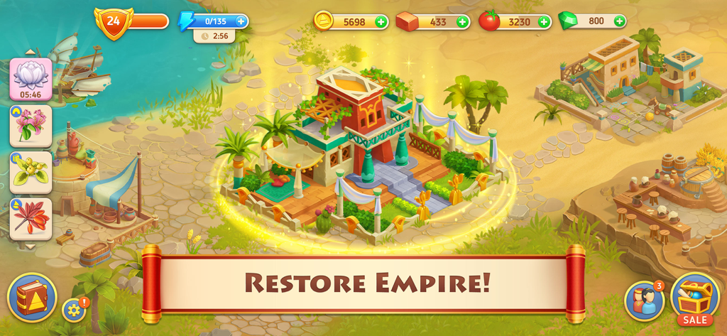 City building gameplay in Cradle of Empires showing an ancient Egyptian villa restoration